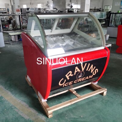 10 Pans Ice Cream Gelato Display Cabinet Red Curved Glass Popsicle Freezer