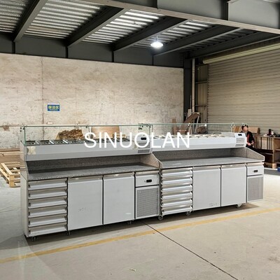 Commercial Marble Countertop Pizza Prep Refrigerated Table Stainless Steel Sandwich Salad Prep Fridge for Pizzeria Deli Fast Food Shop