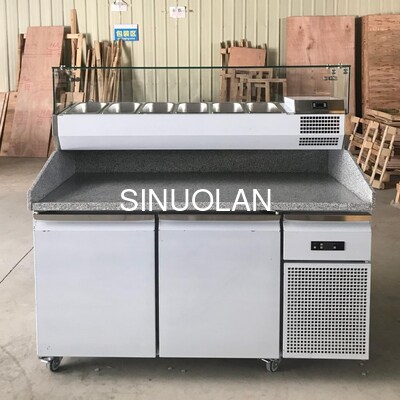 Marble Top Stainless Steel Pizza Prep Table Refrigerator Salad Workbench Chiller Worktable With Glass Cover