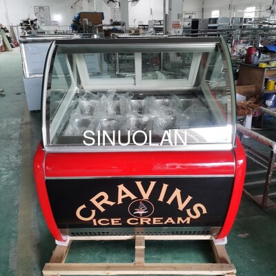 10 Pans Ice Cream Gelato Display Cabinet Red Curved Glass Popsicle Freezer