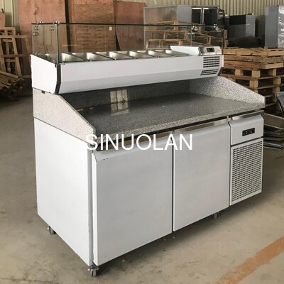 Marble Top Stainless Steel Pizza Prep Table Refrigerator Salad Workbench Chiller Worktable With Glass Cover